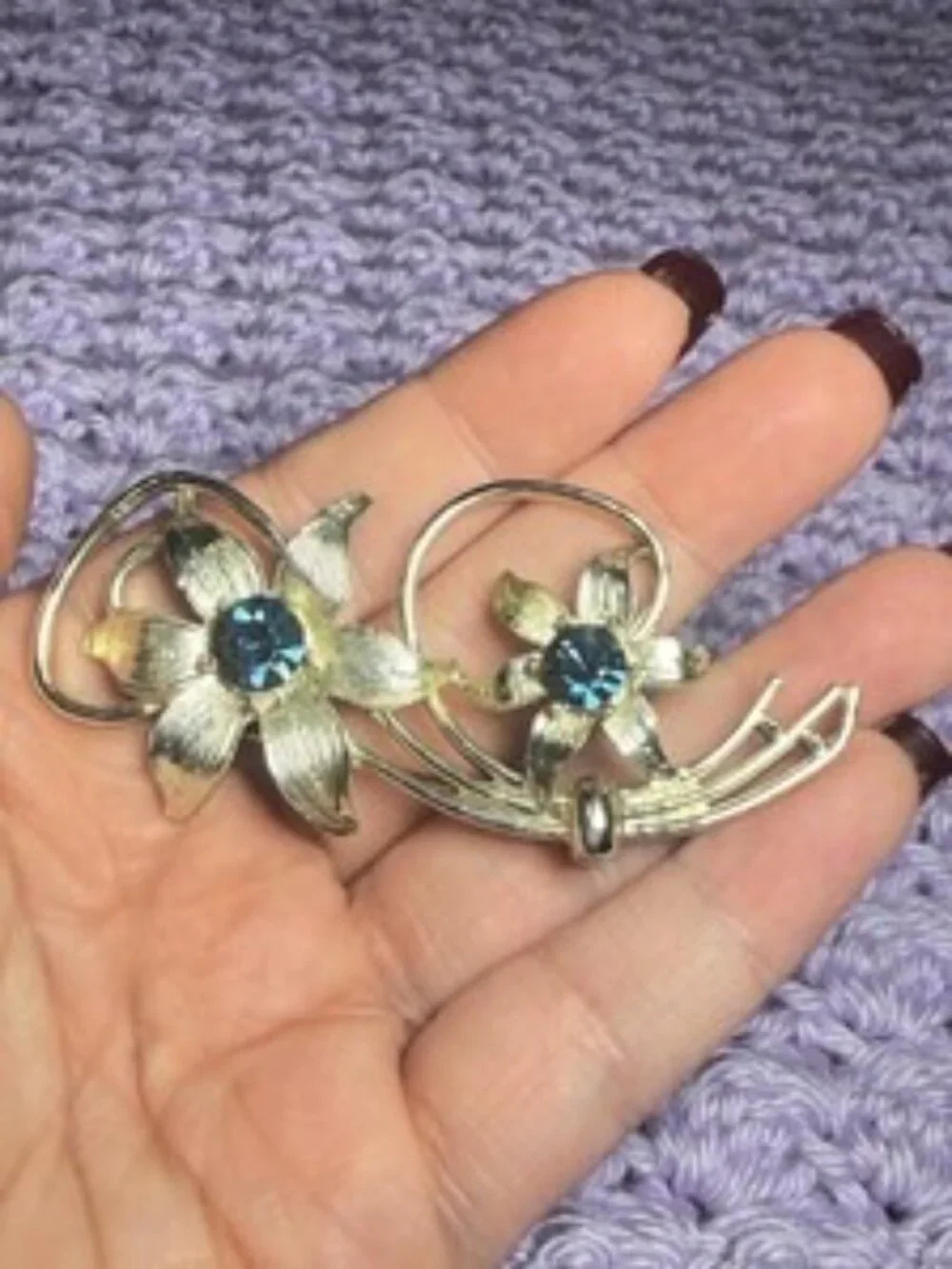 Vintage Blue Rhinestone Floral Brooch Silver Tone Flower Spray Pin 3 inches
